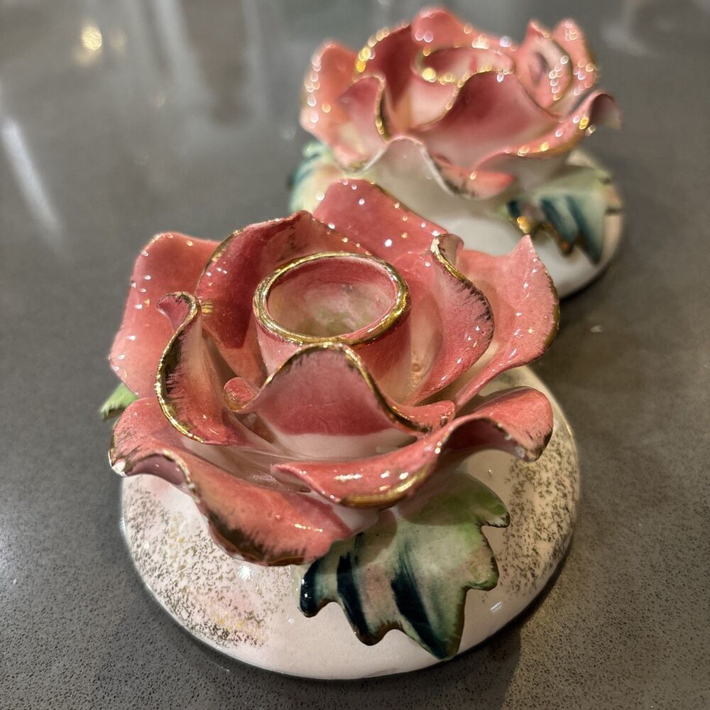 Pair Vintage Commodore Japan Ceramic Pink Floral Rose Candle Holders 1950s EUC